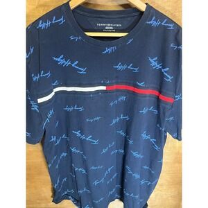 Tommy Hilfiger Mens XXL Navy Blue All Over Script Logo Chest Stripe T-Shirt